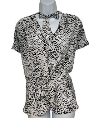 Worthington Black and White Leopard Print Tie-Neck Blouse